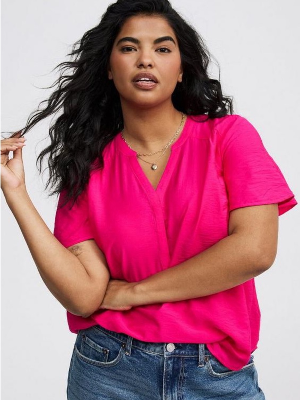 Torrid Harper Blouse Women's 1X Pink Glow Hammered Rayon Flutter Sleeve NWT